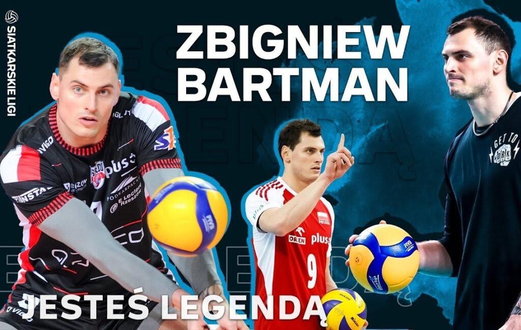 Zbigniew Bartman w akcji podczas meczu siatkówki, wykonujący atak lub blok, ukazujący jego dynamikę i siłę na boisku.